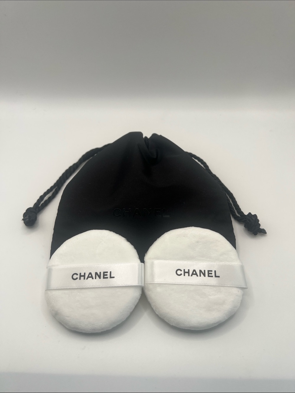 CHANEL Set of 2 Unused White Powder Puffs with Black Drawstring Pouch